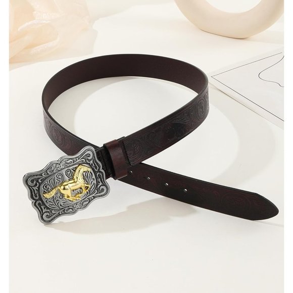 Women Cowboy Rodeo Running Horse Antique Floral Engraved Rope Belt Buckle